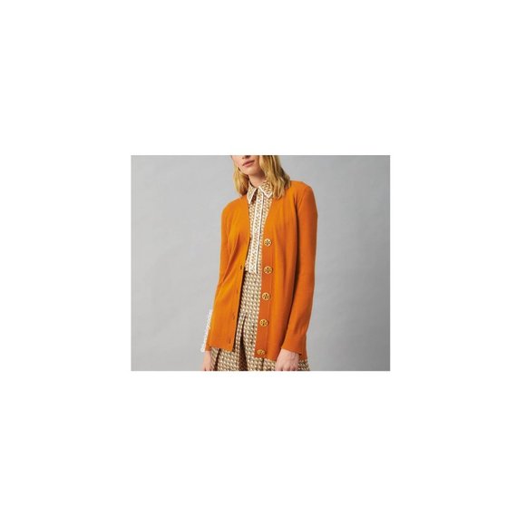 Tory Burch Boyfriend Simone Cardigan Orange 100% Wool XS Logo Buttons‎ - Picture 3 of 16